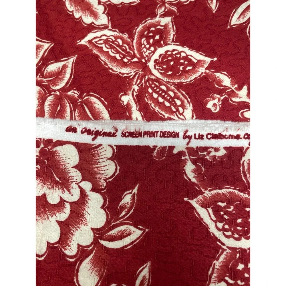 Vintage Liz Claiborne Red White Floral Screen Print Fabric Craft Sewing Quilting